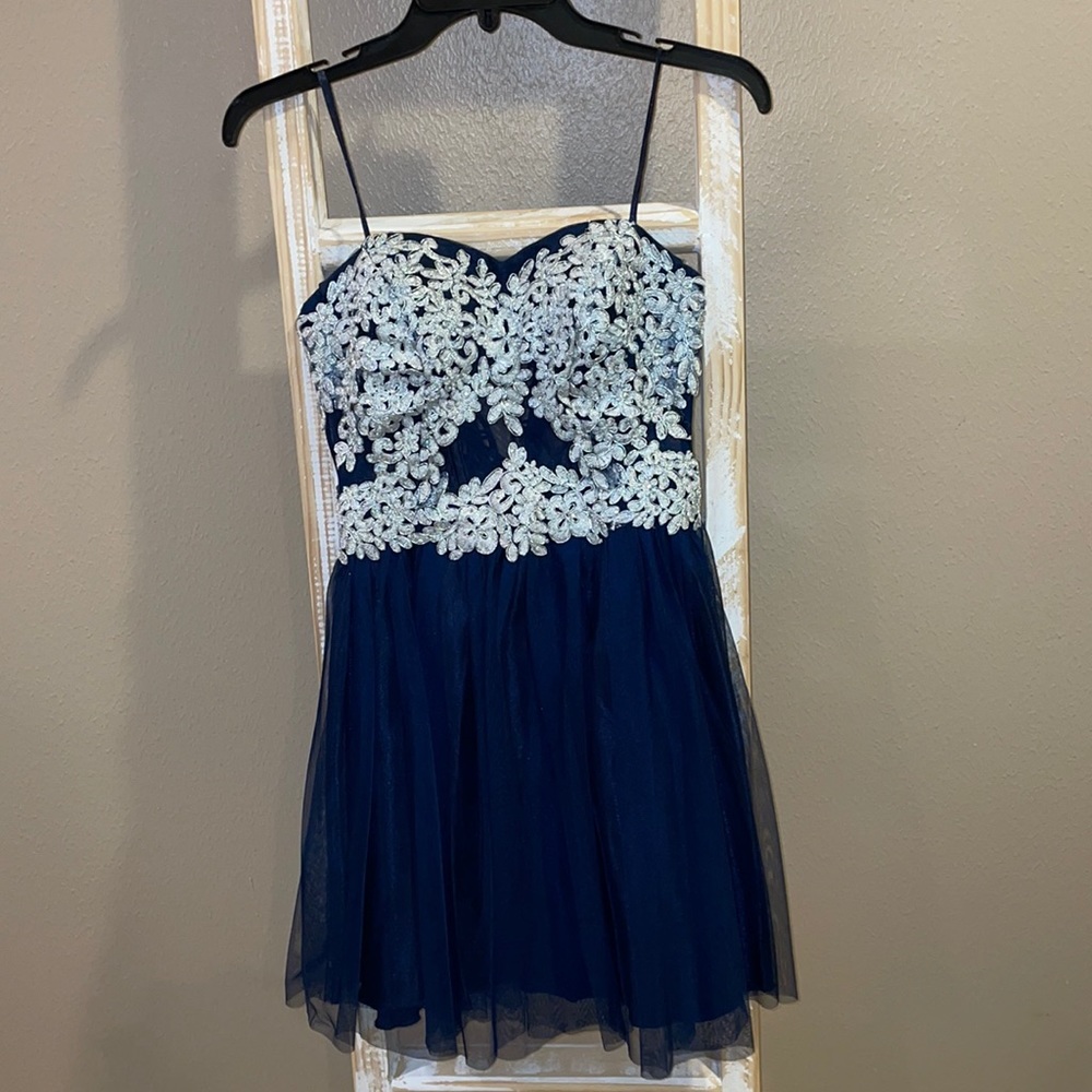 Navy and silver short homecoming dress